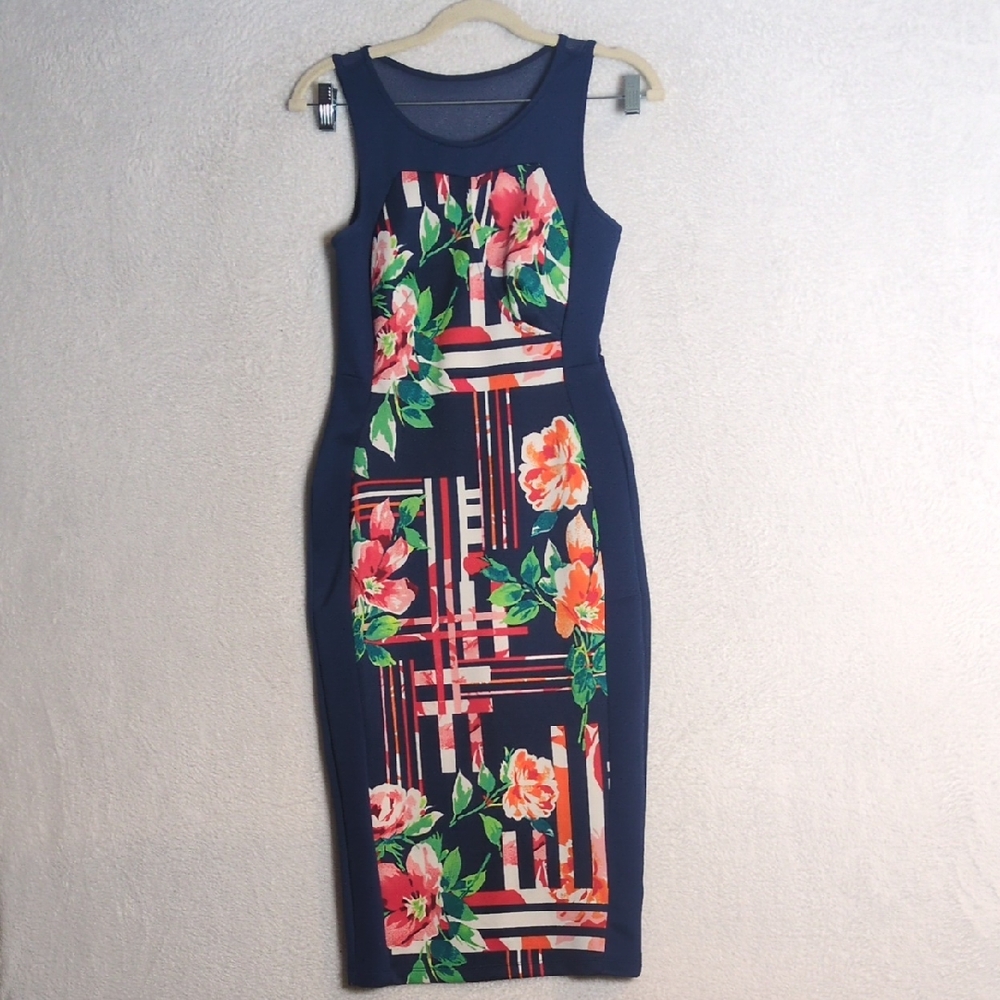 Blue Floral Blossom‎ Sleeveless Bodycon Pencil Midi Dress Size S